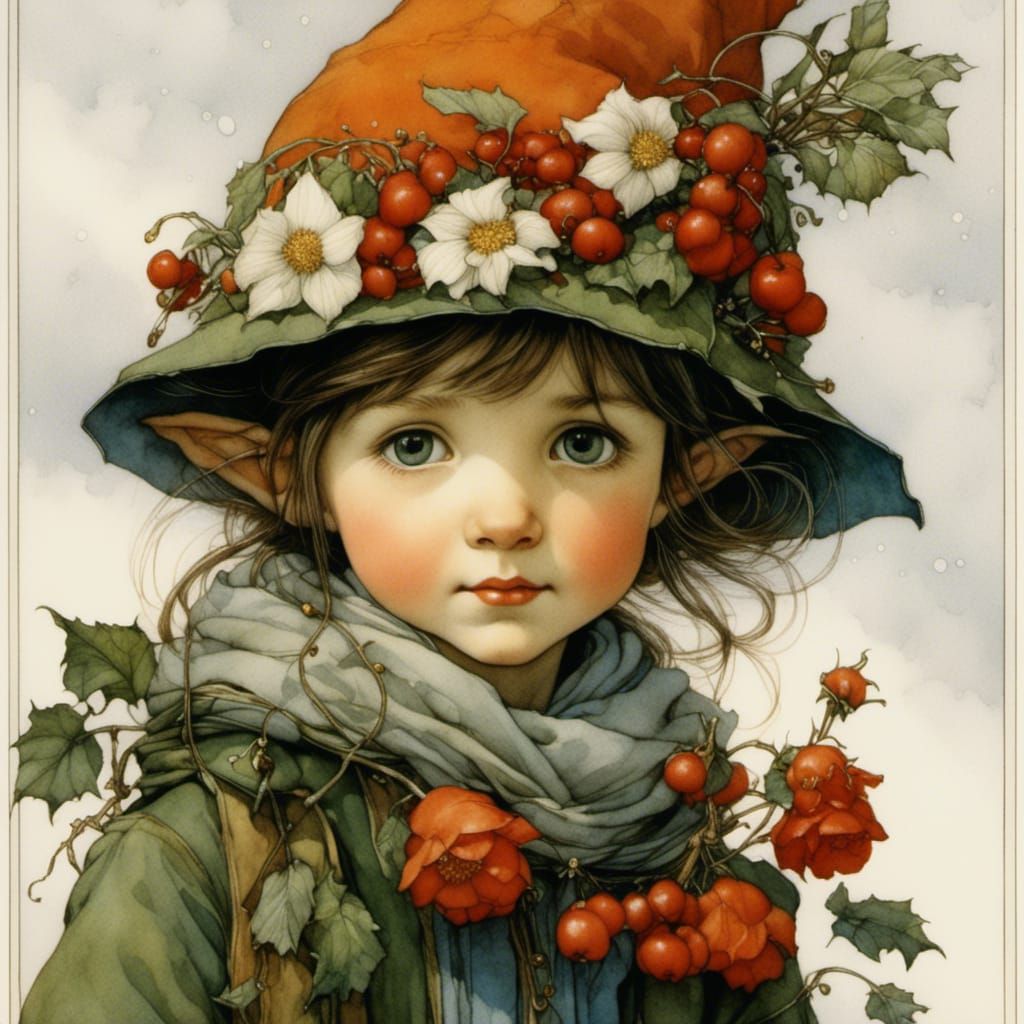 Winter Flower Elf, Detailed Fairy Illustration