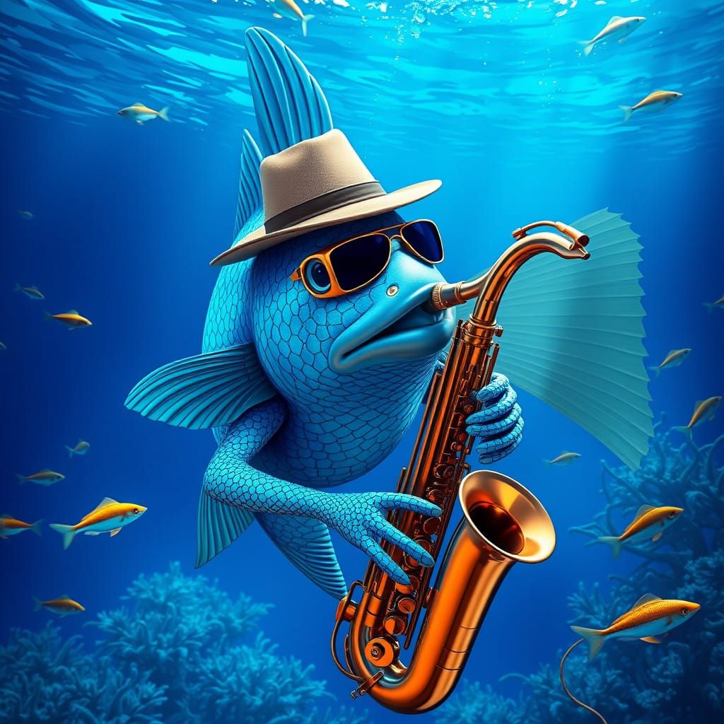Electric Blue Fish Plays Saxophone in Vibrant Ocean Depths