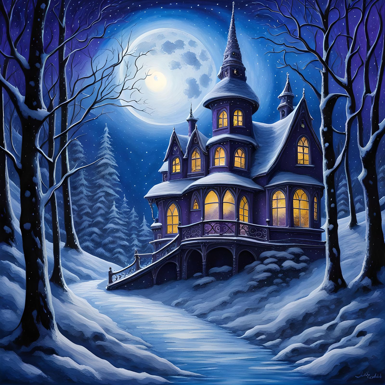 Gothic House in Winter Wonderland: Watercolor Art