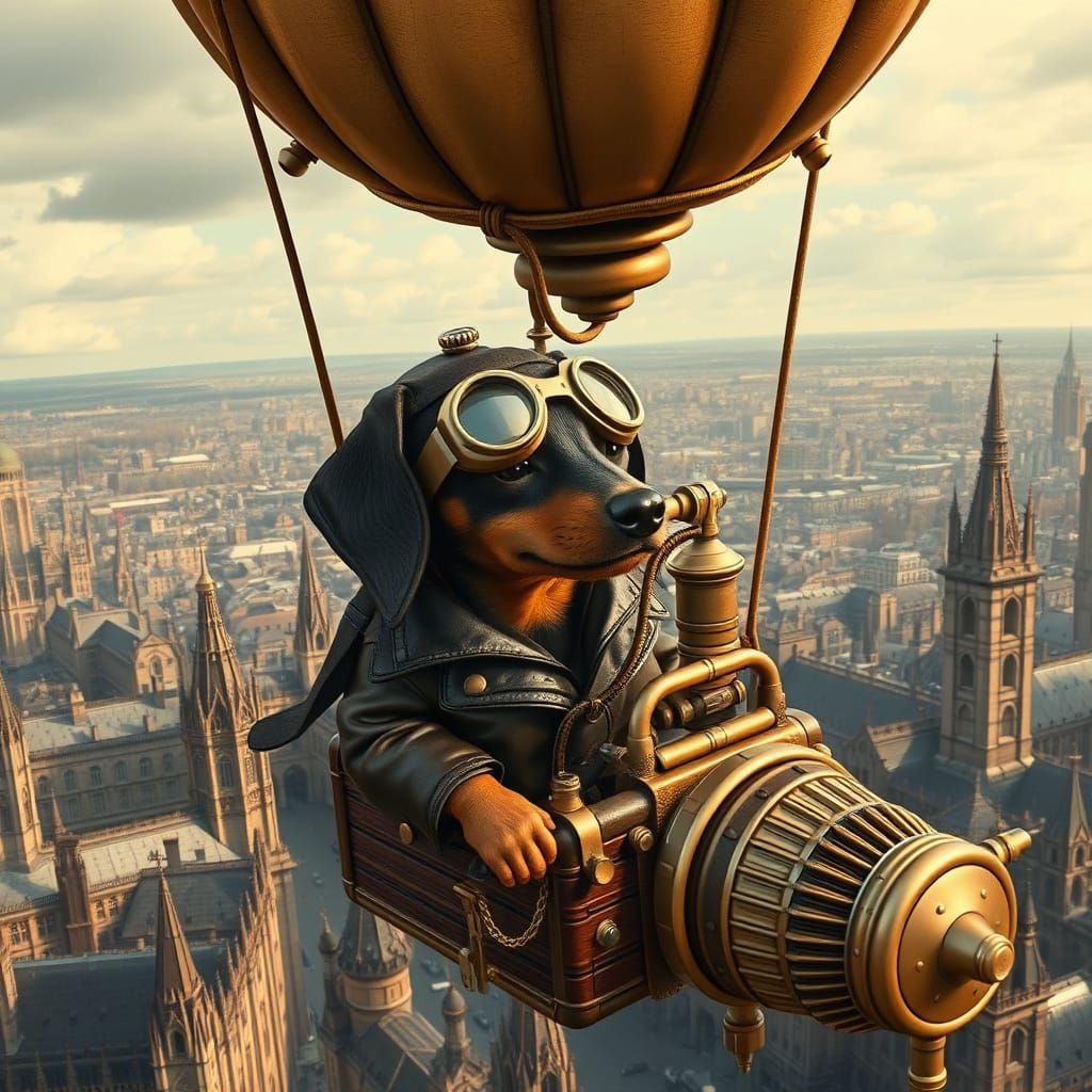 Steampunk Dachshund Pilot Soars Over Victorian Cityscape