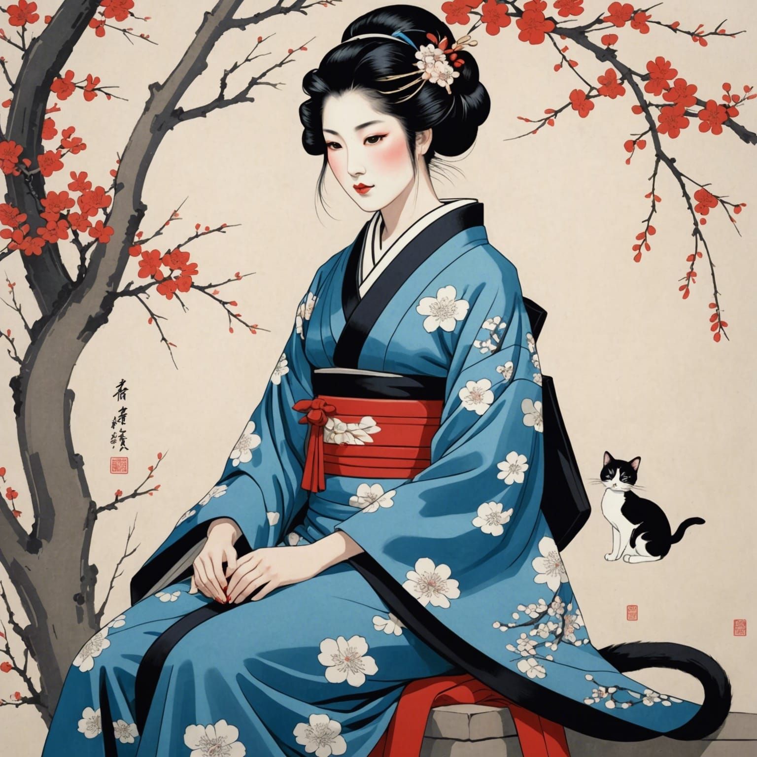 Ukiyo-e Print of Woman in Kimono with Cat