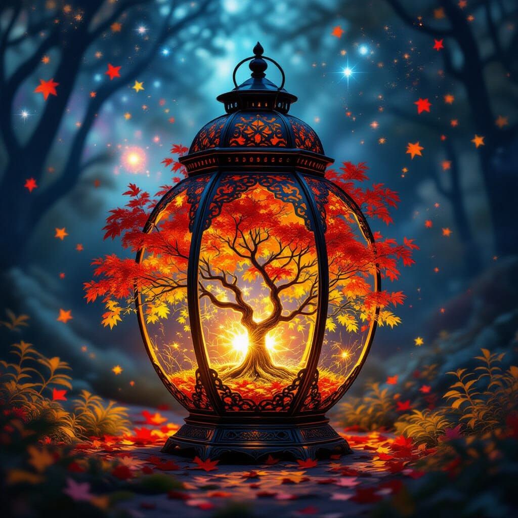 Autumn Trees in Ornate Lantern, Astral Cosmic Illustration