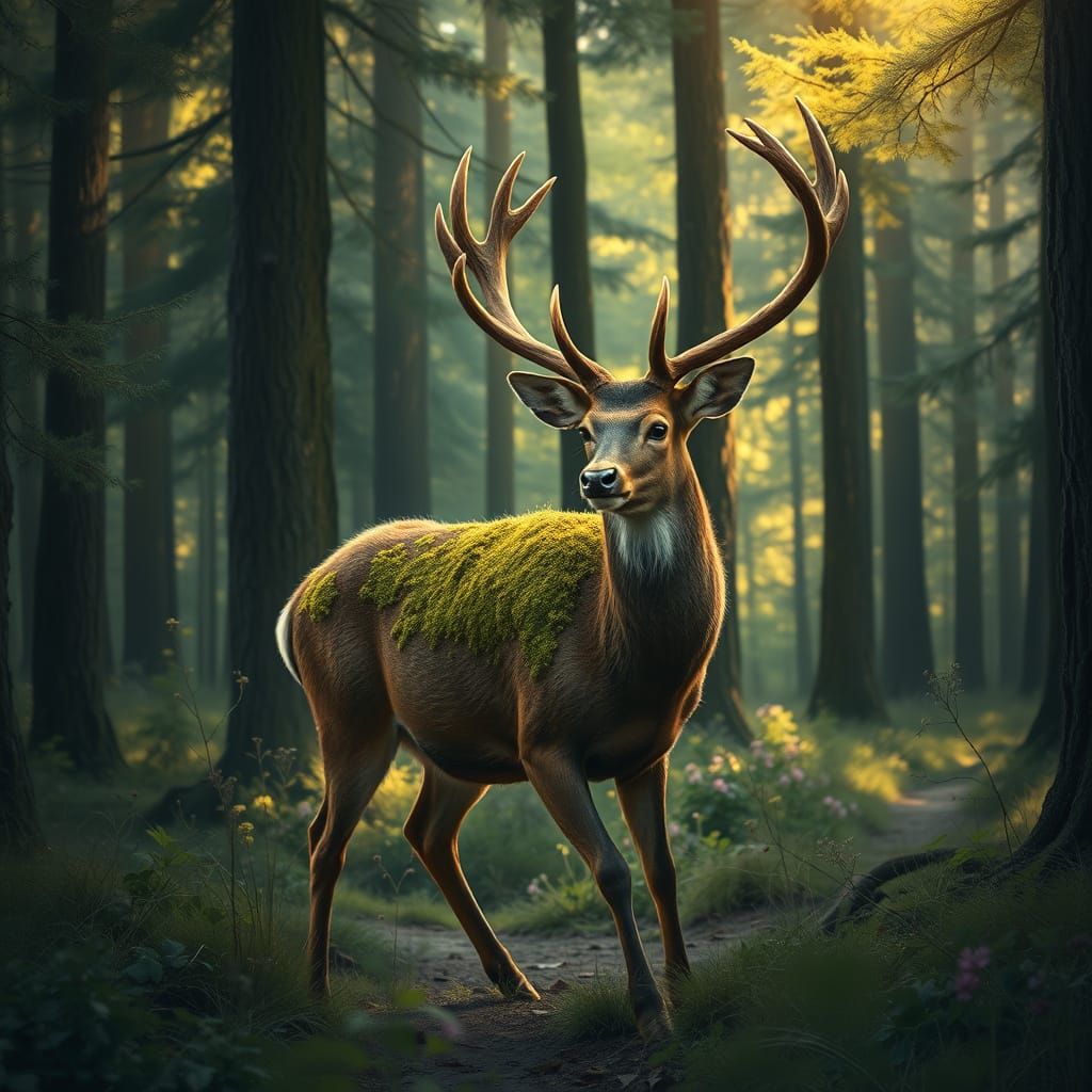 Moss-Coated Deer in Forest, Symbolist Style