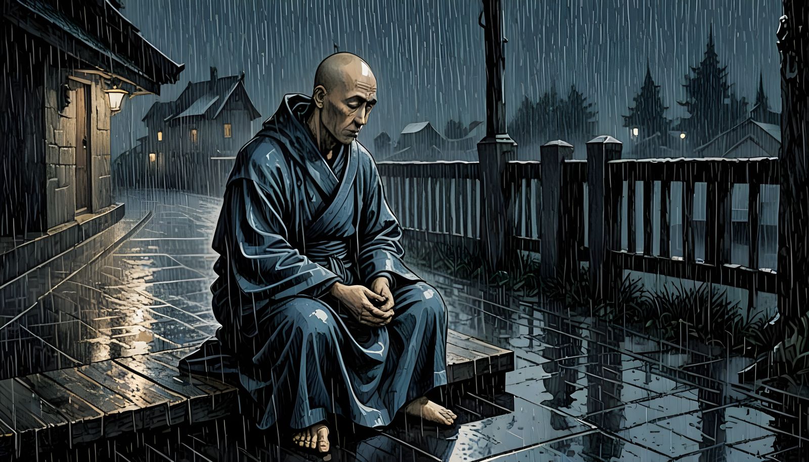 Monk in Midnight Rain, Albrecht Durer Style