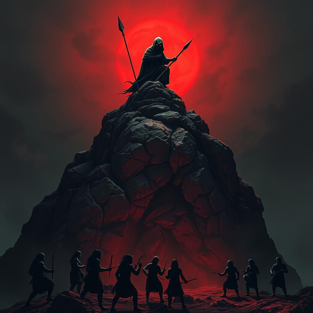 high up on the red rock, stands a shadow with a spear