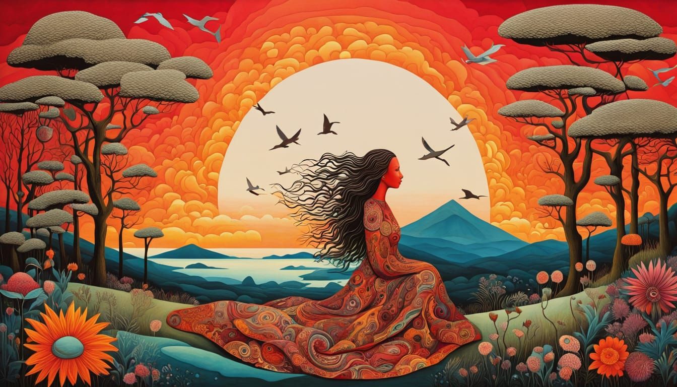 Ephemeral Land Art Sculpture with Woman and Sunset