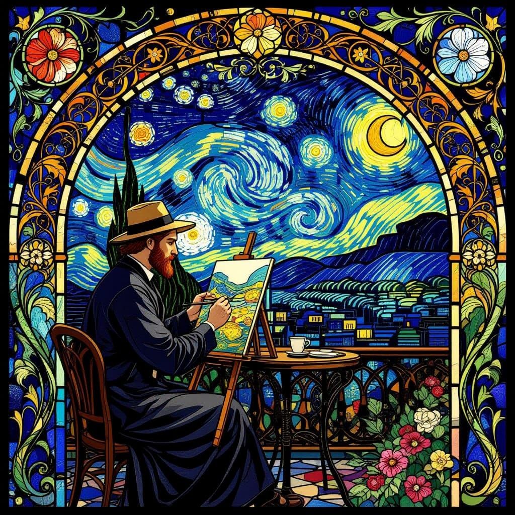 Art Nouveau Stained Glass: Van Gogh Under Starry Night