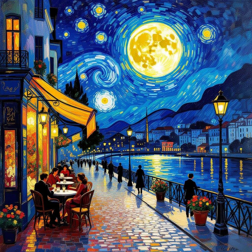Art Nouveau Night Cafe with Van Gogh Swirls