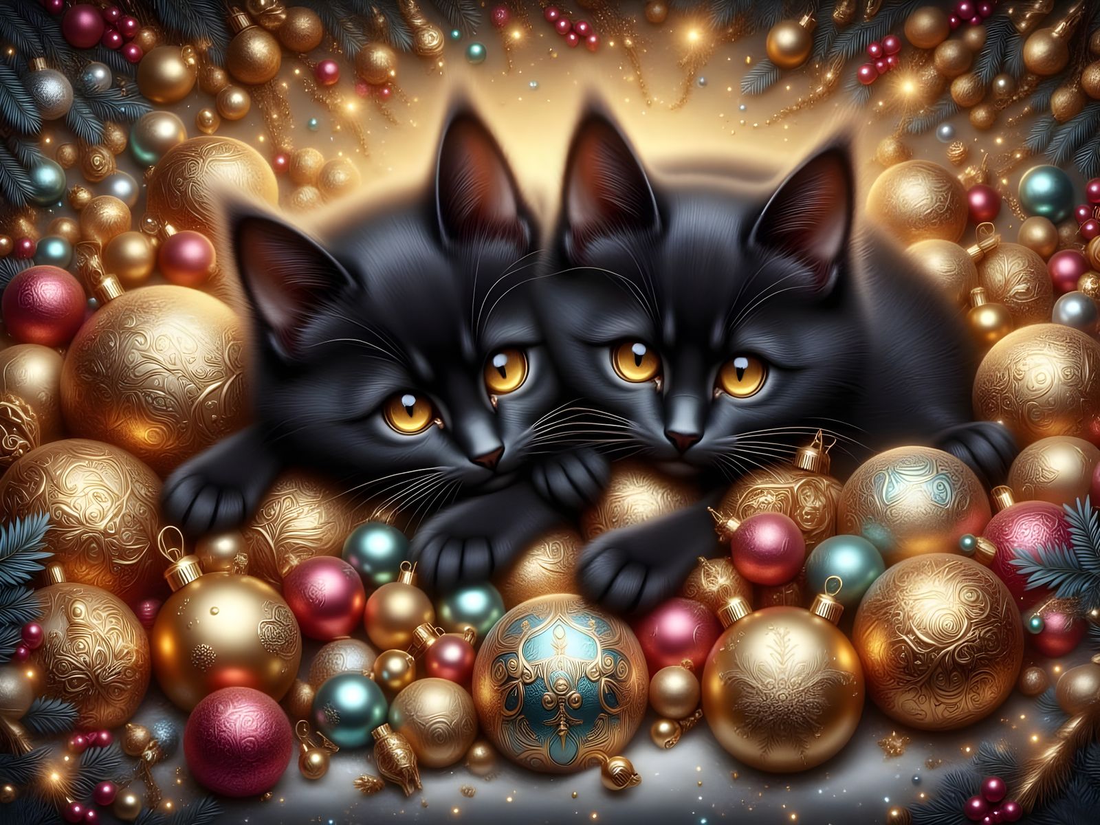 Kittens Among Ornate Christmas Ornaments in Renaissance Styl...