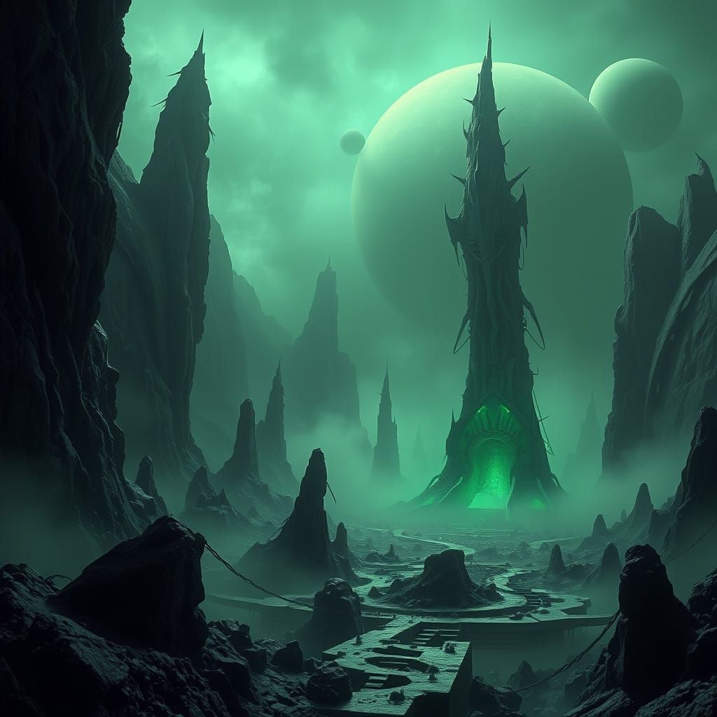 Biomechanical Planet in Eerie Green Glow