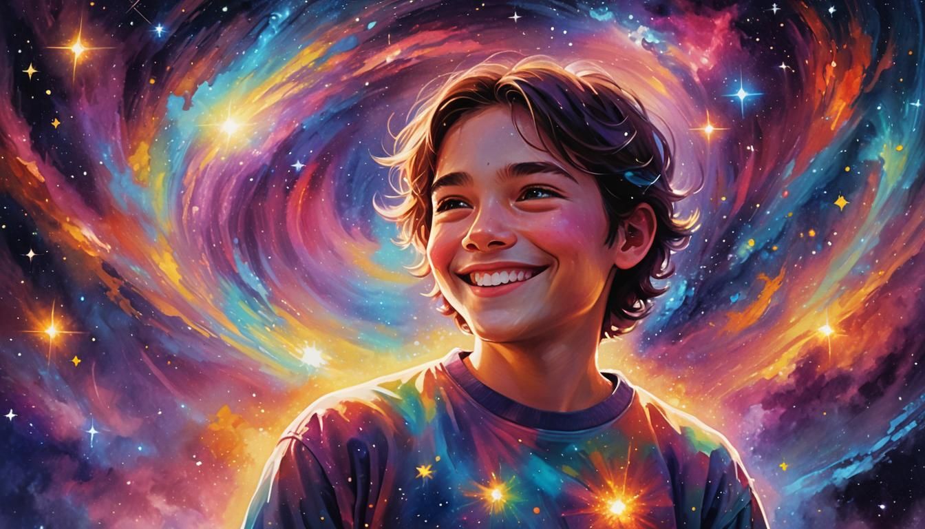 Smiling Figure with Galaxy Background in Digital Painting