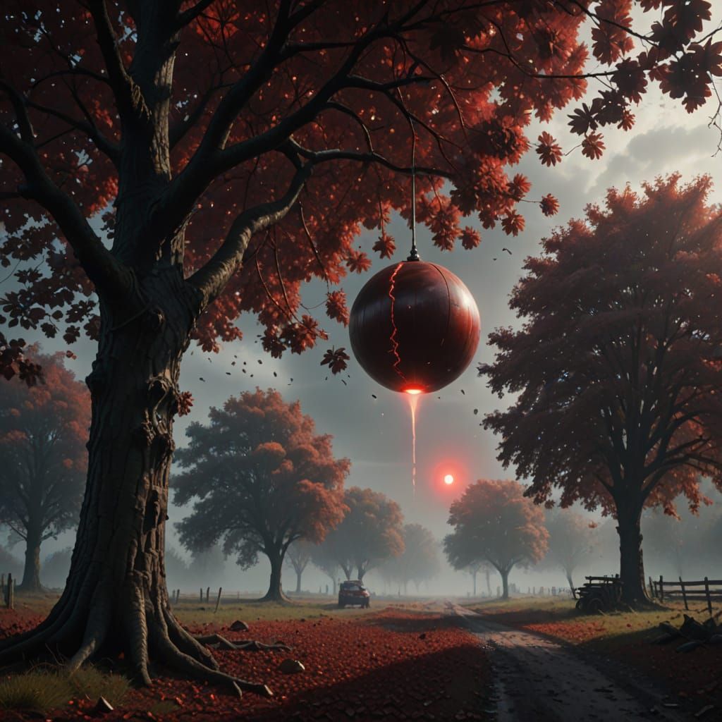 Orb Spacecraft Under Chestnut Tree: Cinematic Matte Painting