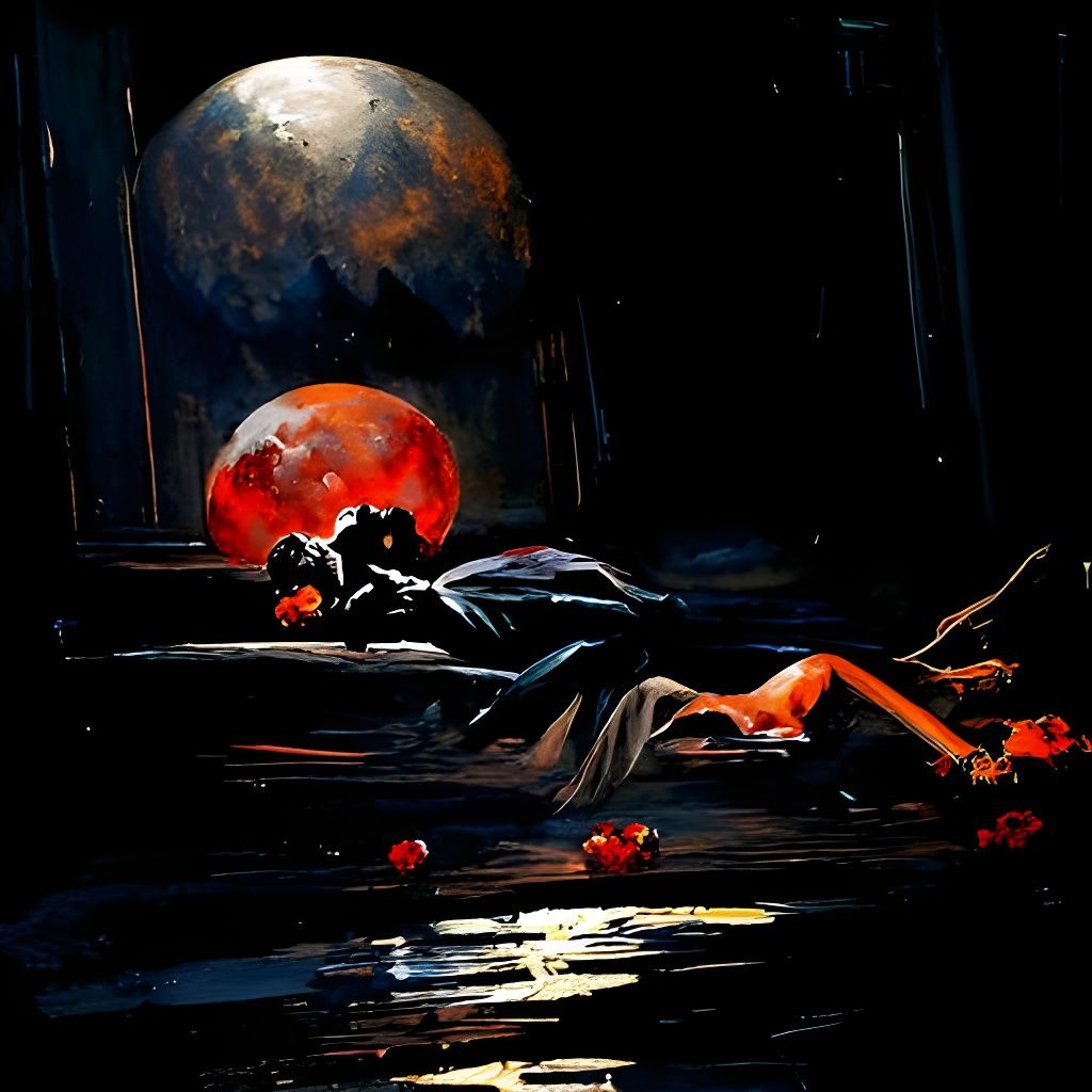 Noir Blood Moon Oil Painting of Lost Love