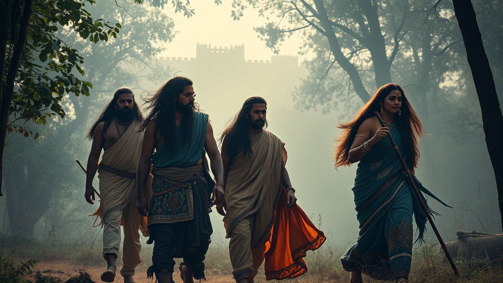 Pandavas and Draupadi in Misty Forest