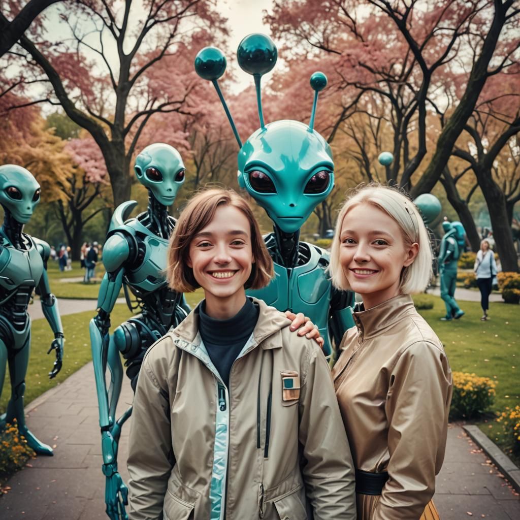 Futuristic Humanoid Couple Selfie with Alien Photobomb