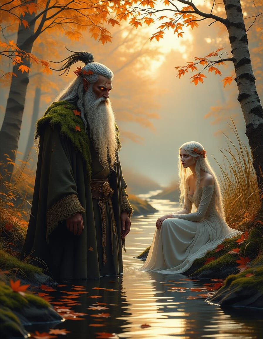 Slavic Forest Guardian and Water Spirit in Autumn Dusk