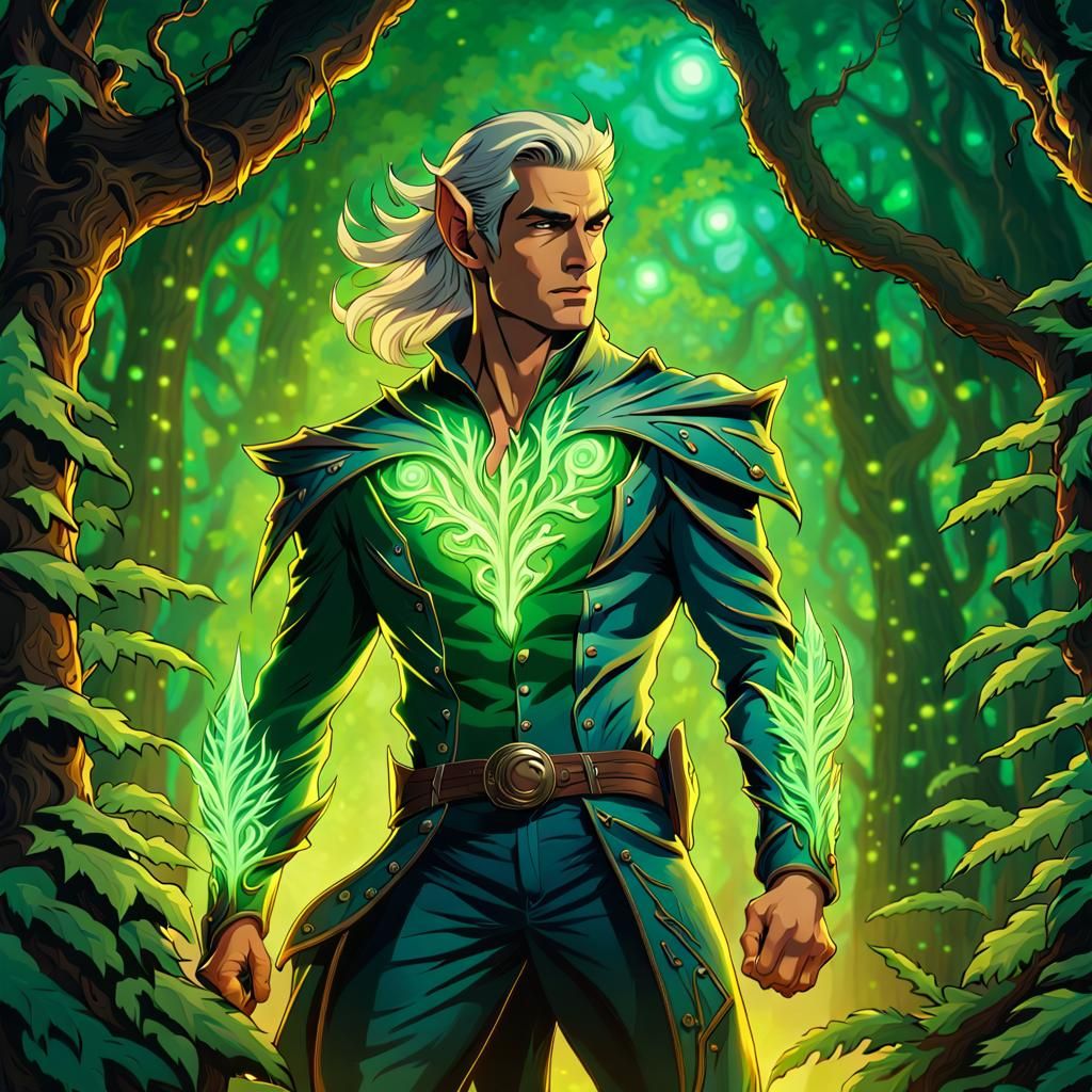 Glowing Elf Forest Spirit in Superhero Suit