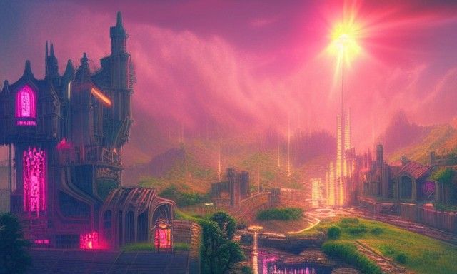 Cyberpunk Arthurian Castle in Neon Mist