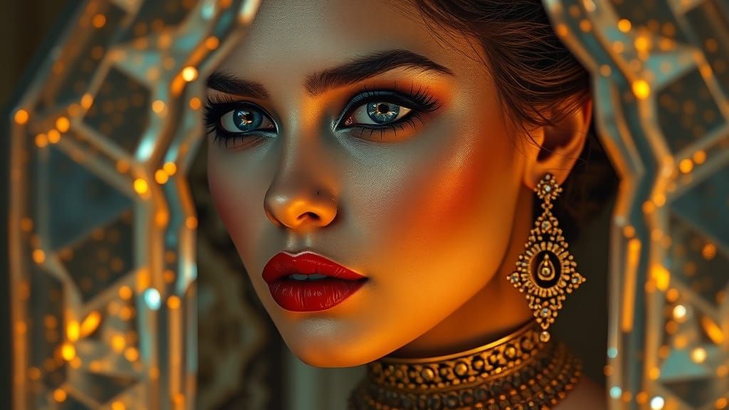 Woman with Piercing Eyes Gazing Through Crystalline Window