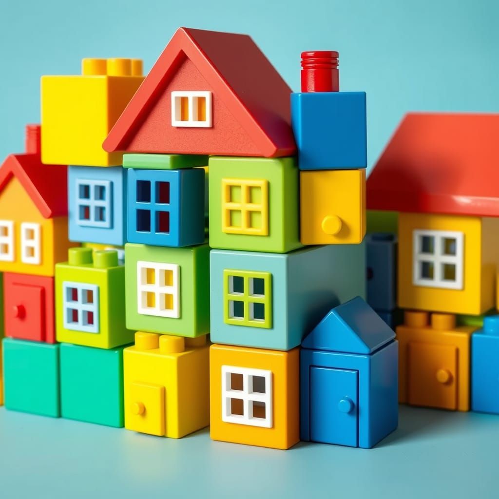 Square houses built of square children's building blocks in bright colours