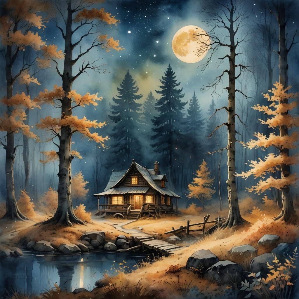 Cozy Cabin in Autumn Forest: Watercolor Painting