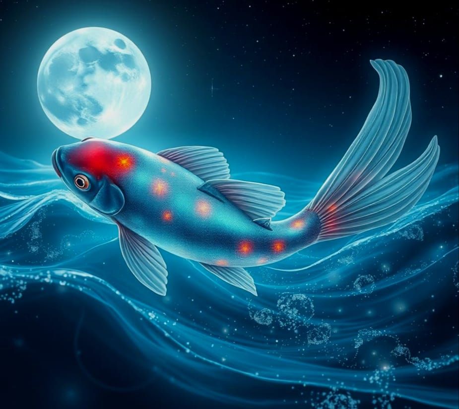 Ethereal Cosmic Koi Fish Glides Through Starlit Ocean