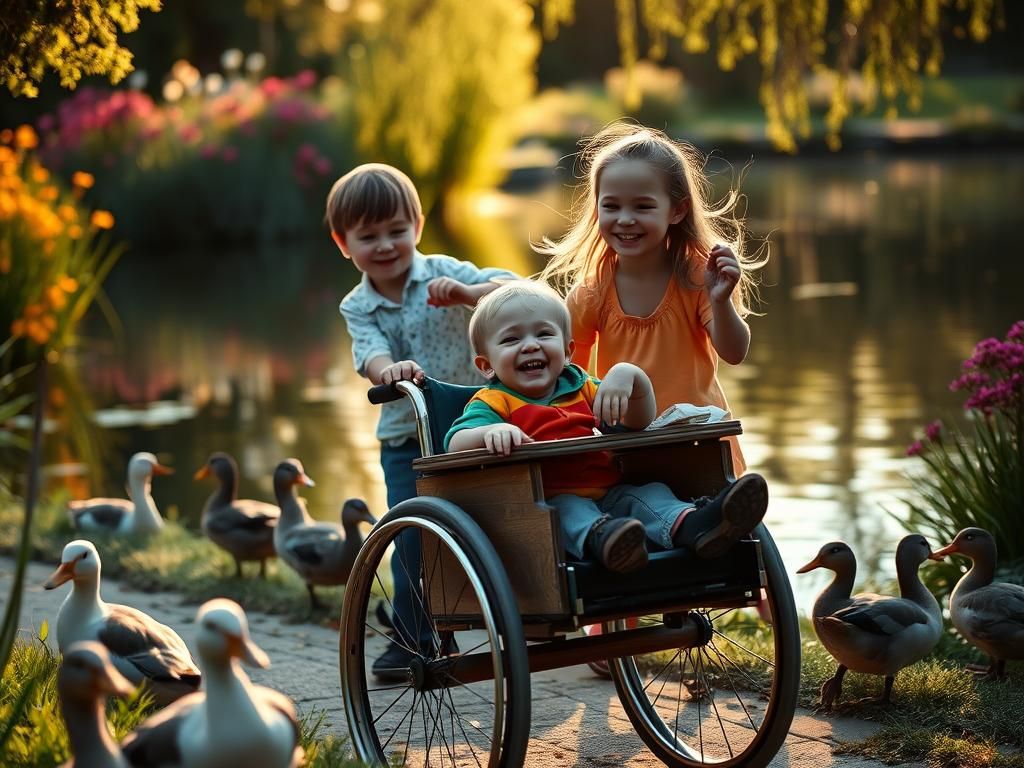 Joyful Siblings Feeding Ducks: Ethereal, Expressive Photo