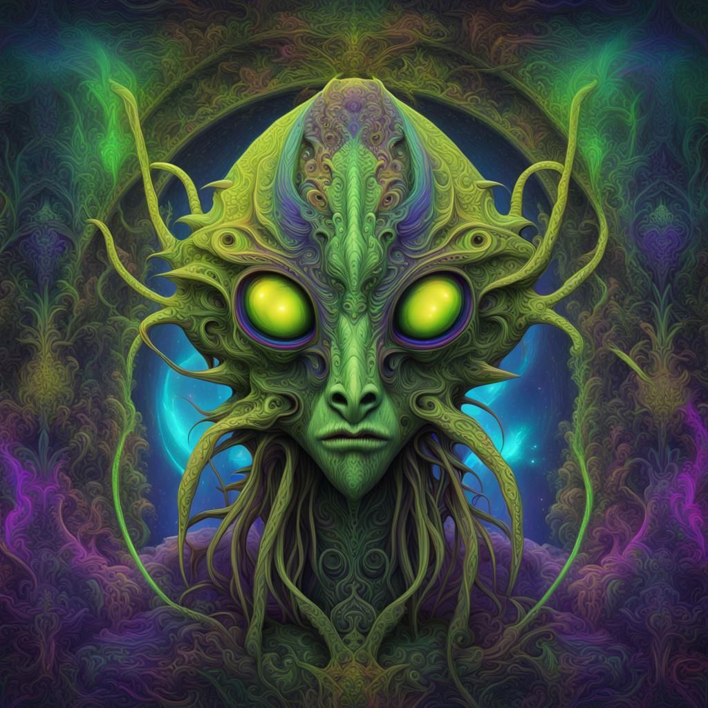 Psychedelic Alien World with Mantis Head in Digital Art