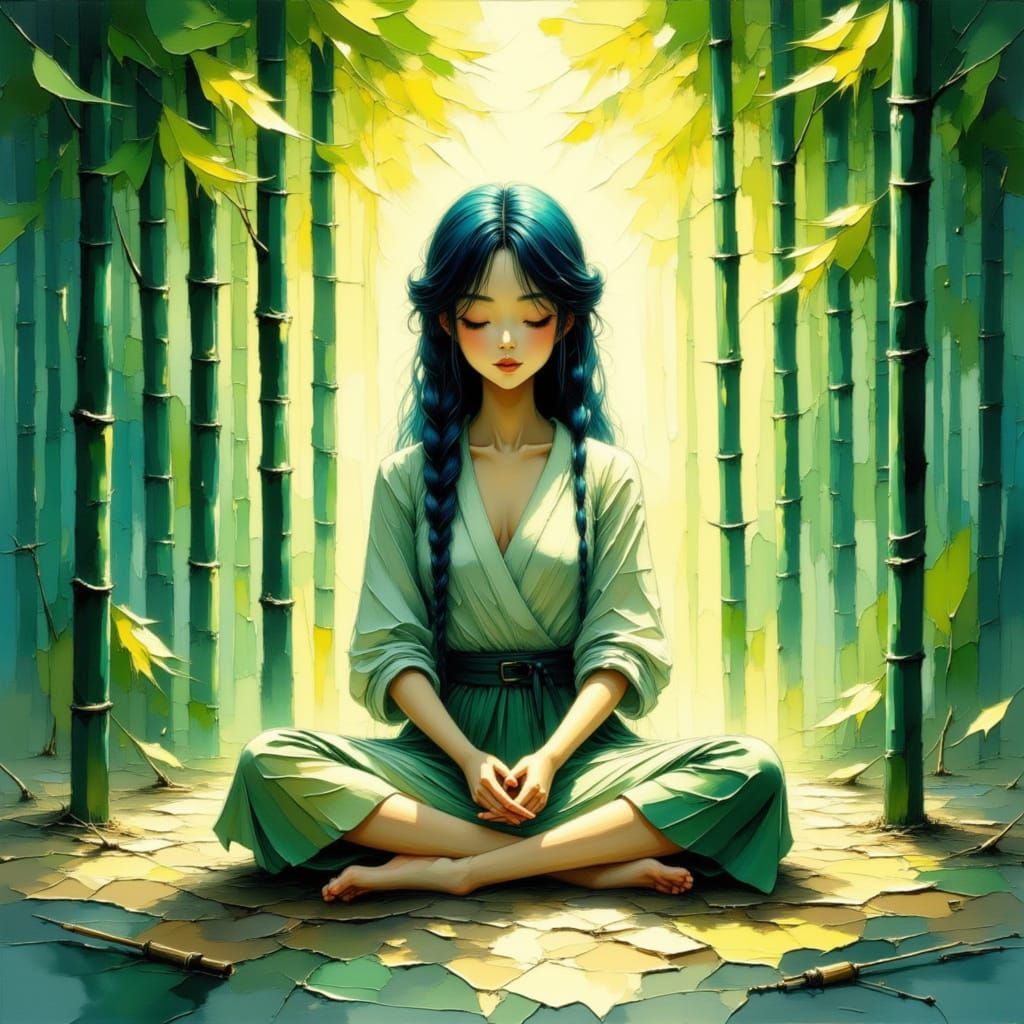 Anime Woman Meditating in Sun-Dappled Bamboo Forest