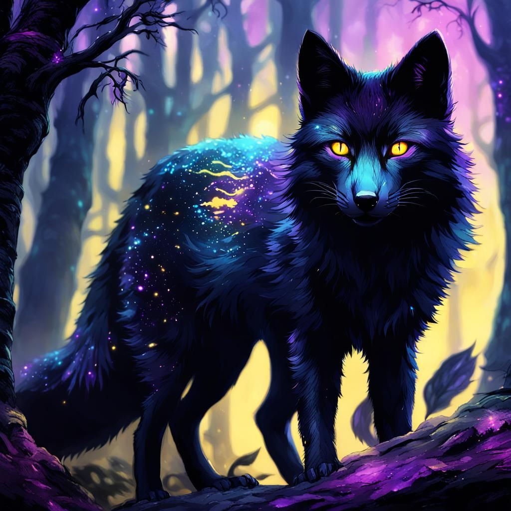 Mystical Black Kitsune in Dark Fantasy Forest