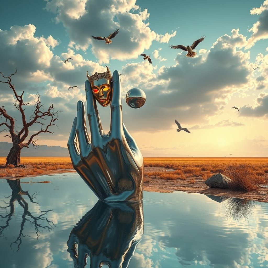 Giant Metallic Hand Holds Surreal Mask Over Desert Lake