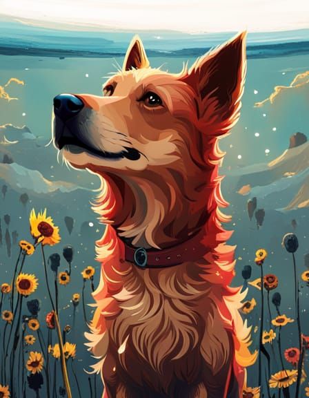 Dog Gazing at Magical Night Sky in Digital Art