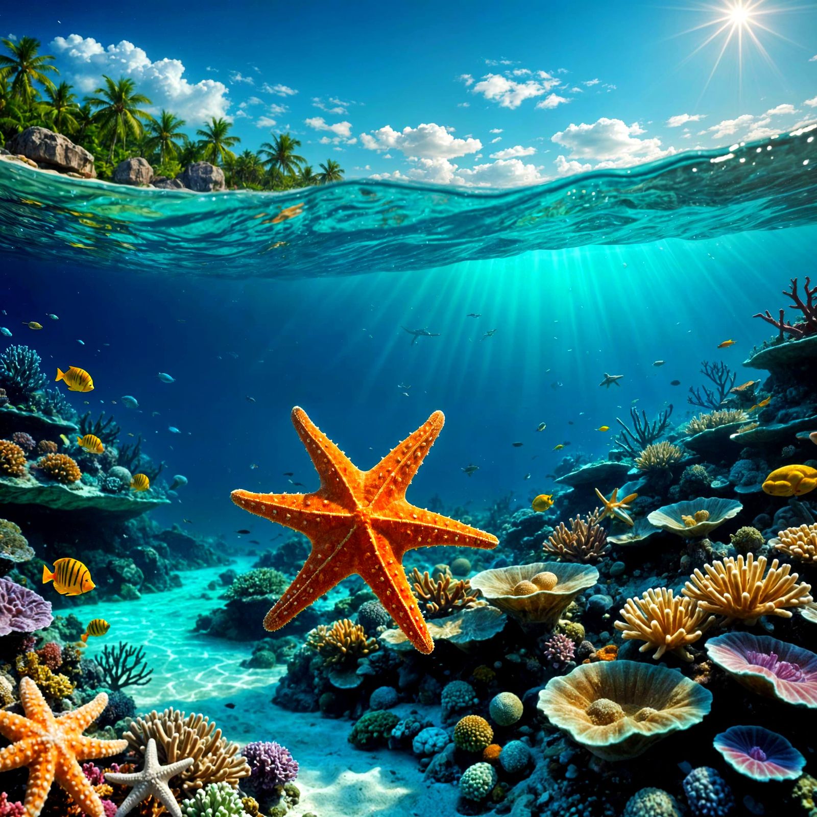 Starfish and Coral Reef in Turquoise Ocean