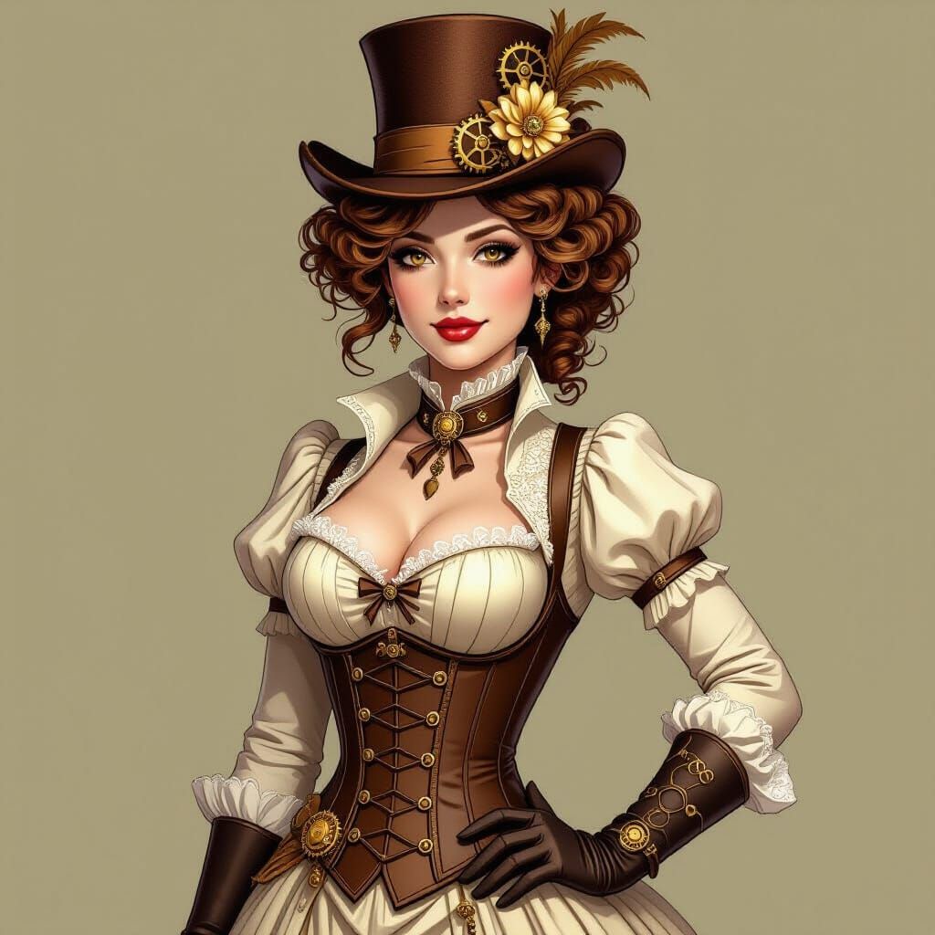 Steampunk Lady in White Dress with Gears