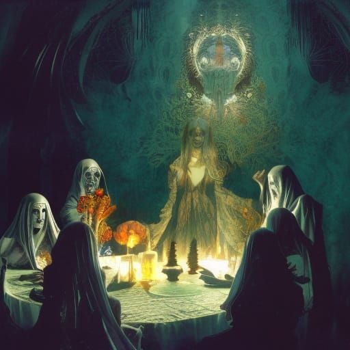 Magical Ghost Seance Illustration in Art Nouveau Style