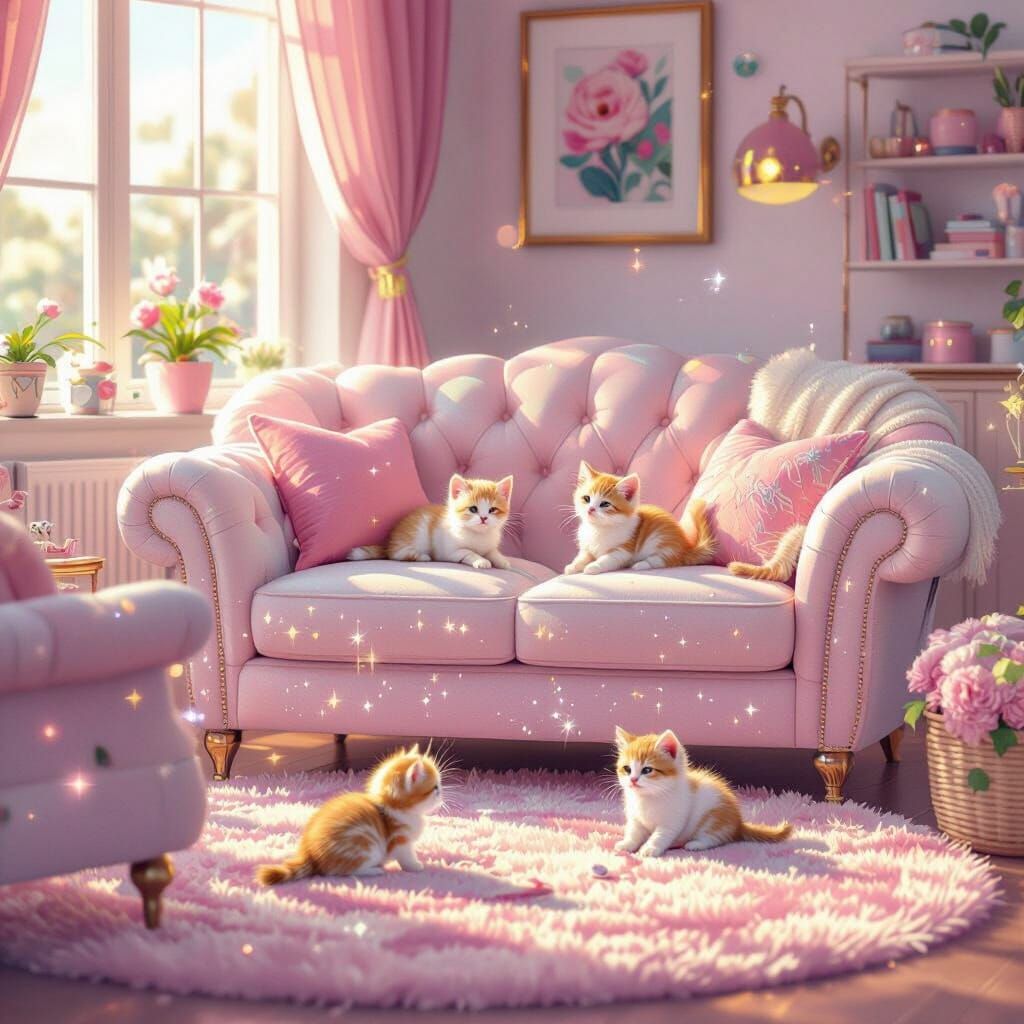 Cozy Living Room with Kittens in Digital Art Style