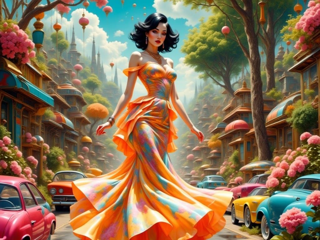 Woman Dancing in a Flower-Filled Street
