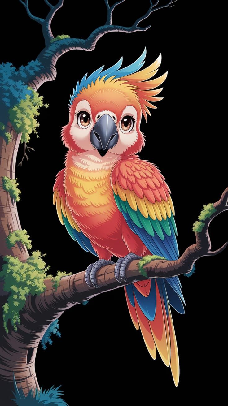 Chibi Parrot with Multicolored Wings Illustration