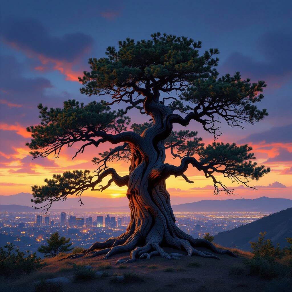 Ancient Cedar Tree Overlooks Modern City at Twilight