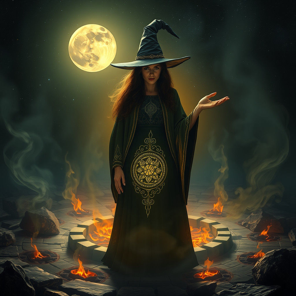 Mystical Witch in Ethereal Art Nouveau Circle