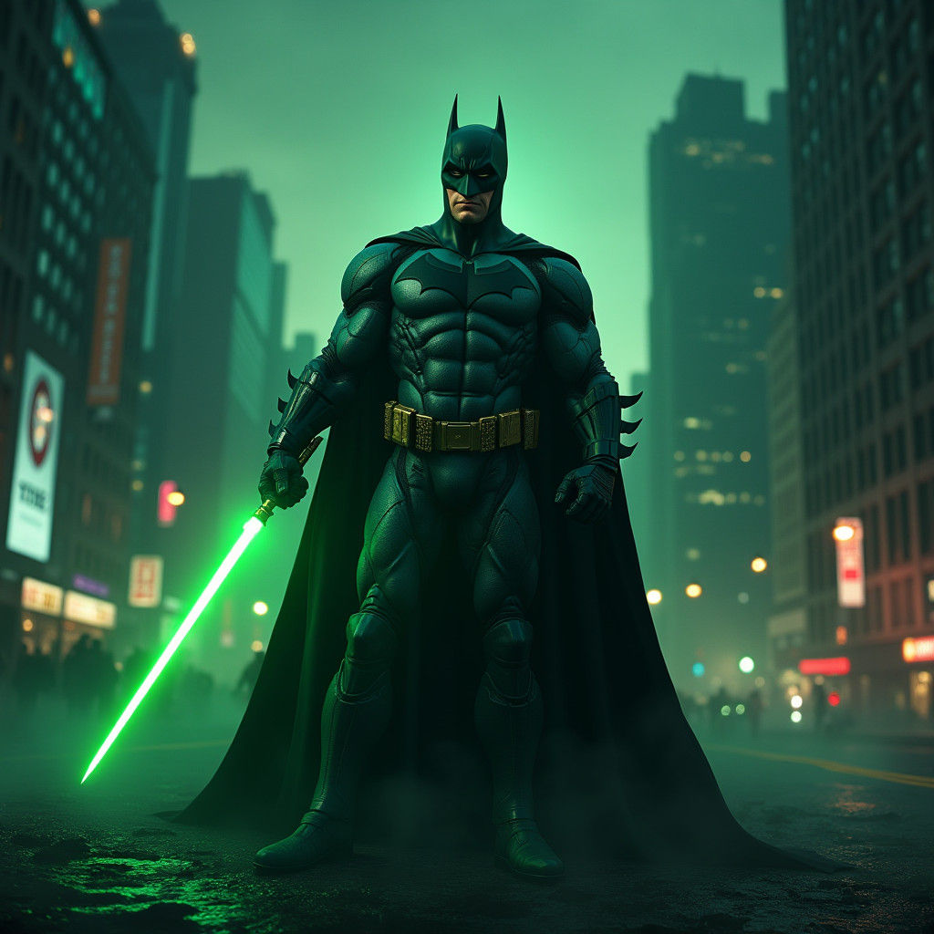 Batman with Kryptonite Lightsaber in Gotham, Matte Painting