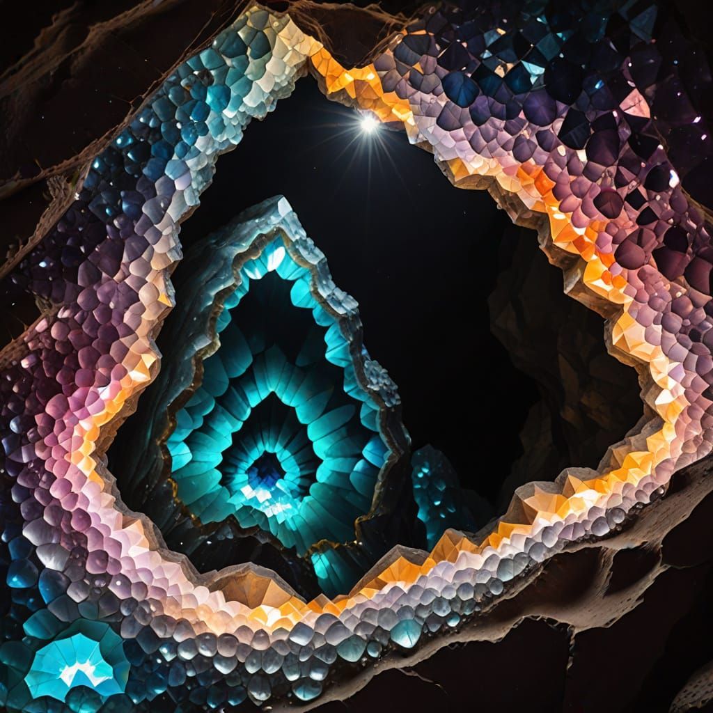 Prismatic Light in a Crystalline Geode Cave