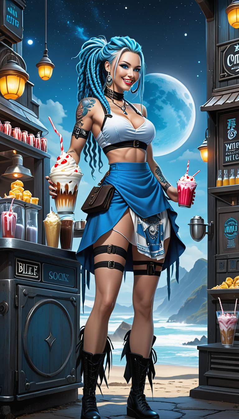 Fantasy Waitress with Blue Dreadlocks Serving Milkshakes