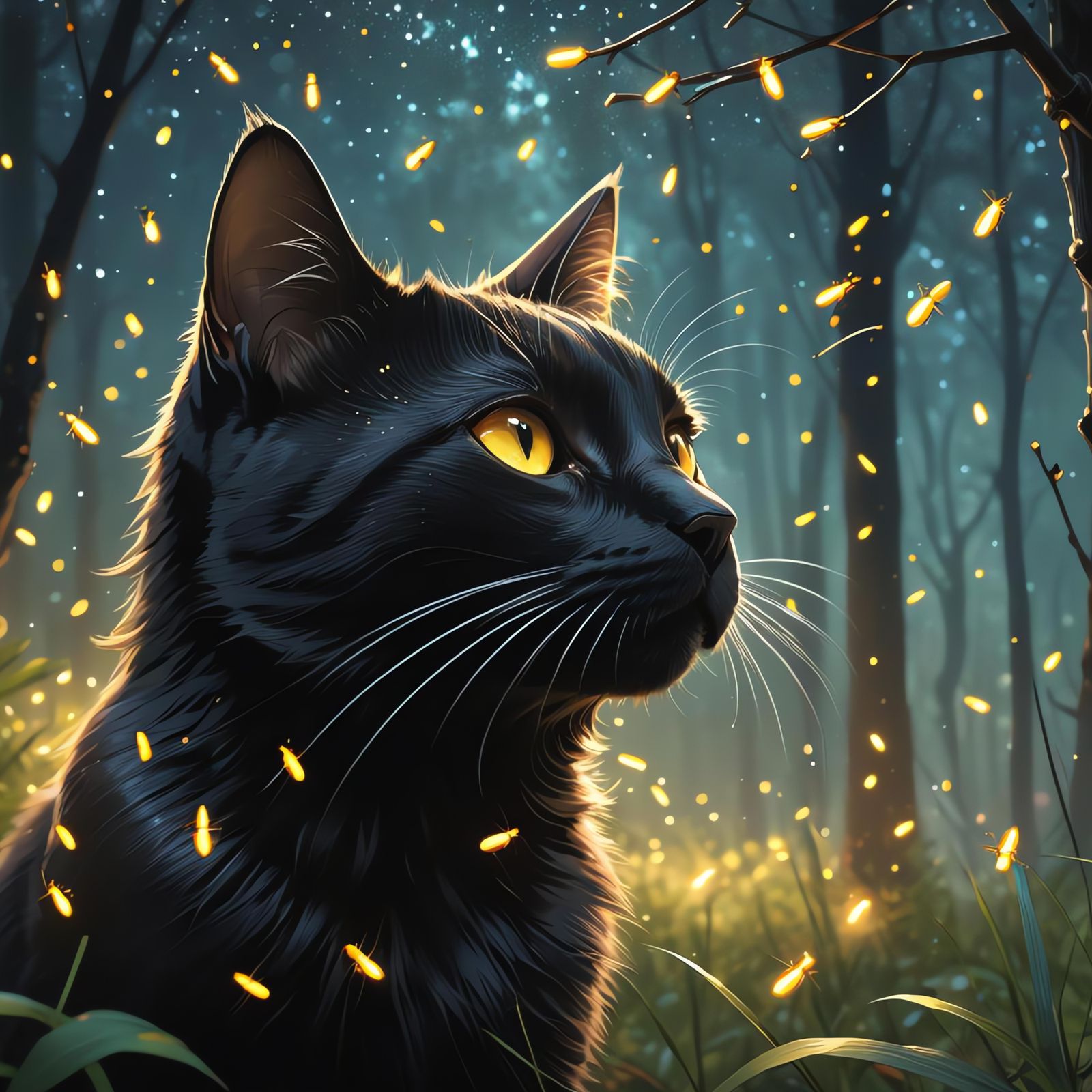 Black Cat in Forest Investigates Fireflies: 3D Anime Art