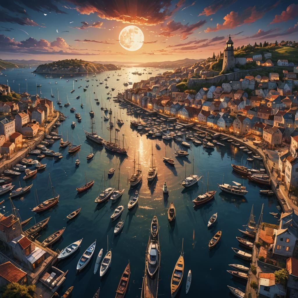 Fantasy Harbor at Sunset: Hyperrealistic Splash Art