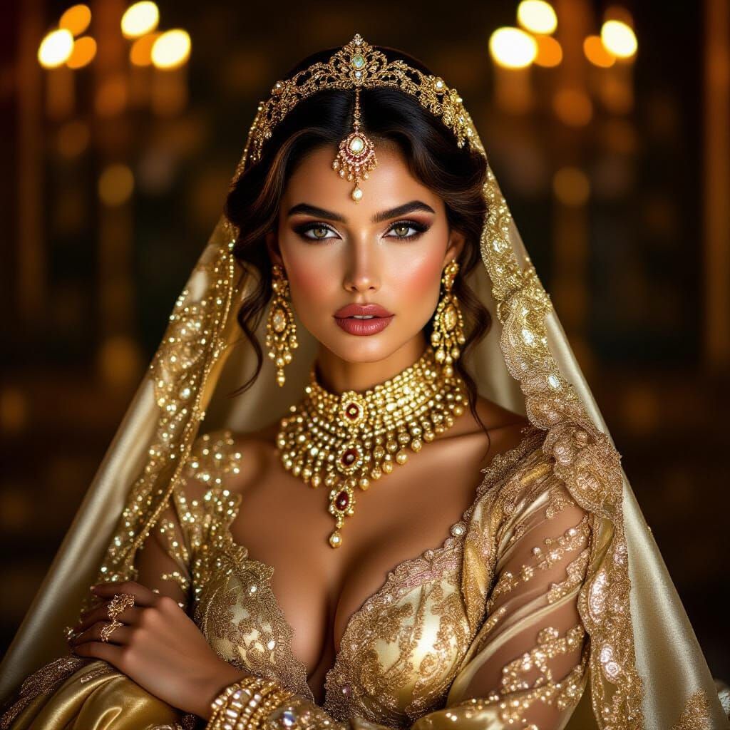 Elegant Woman in Gold Filigree Dress