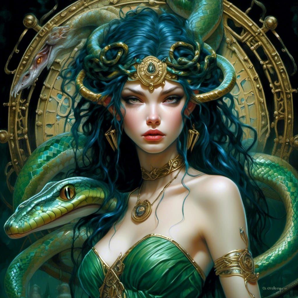 Medusa Archer in Temple: Hyperrealistic Dark Fantasy