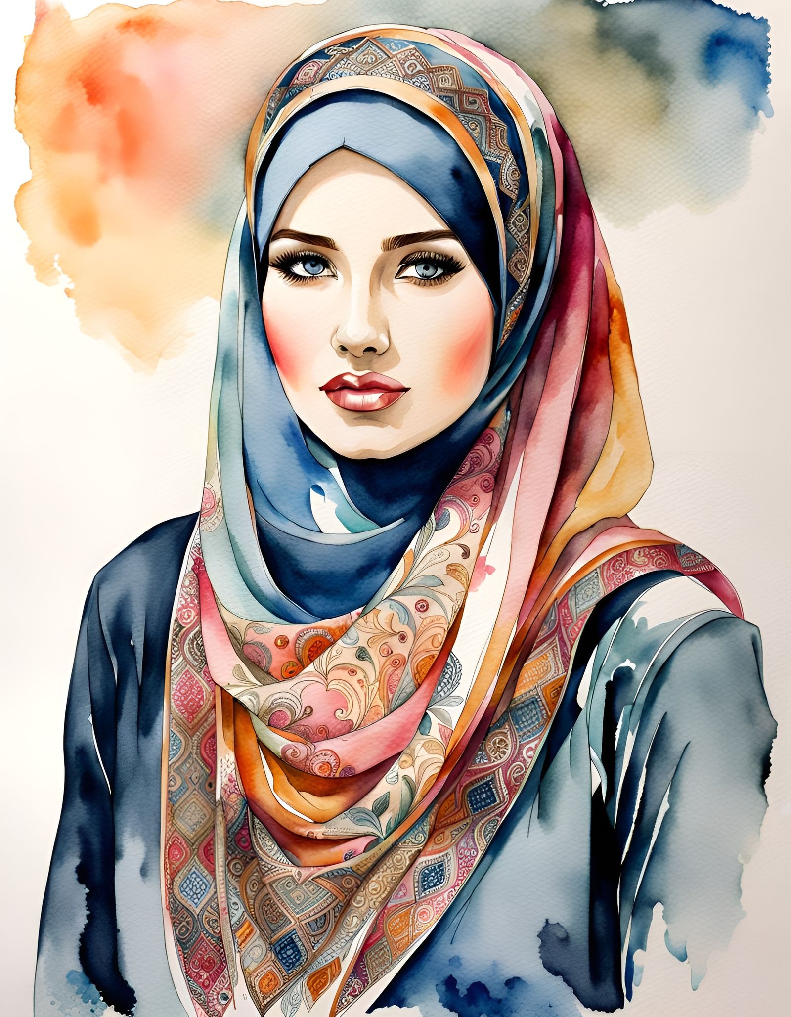 Beautiful German Woman in Hijab: Watercolor Ink Drawing