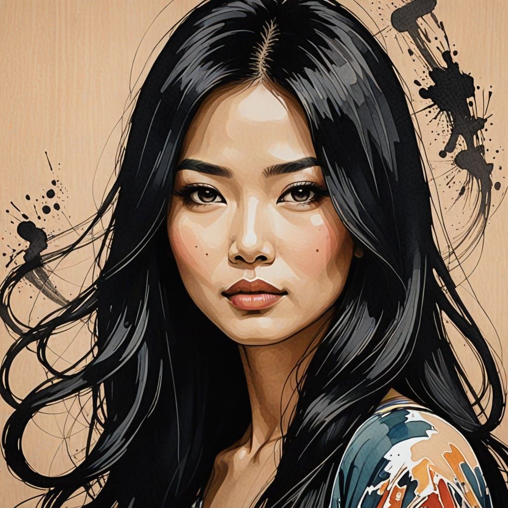 Abstract Asian Woman Portrait in Thrown Paint Style
