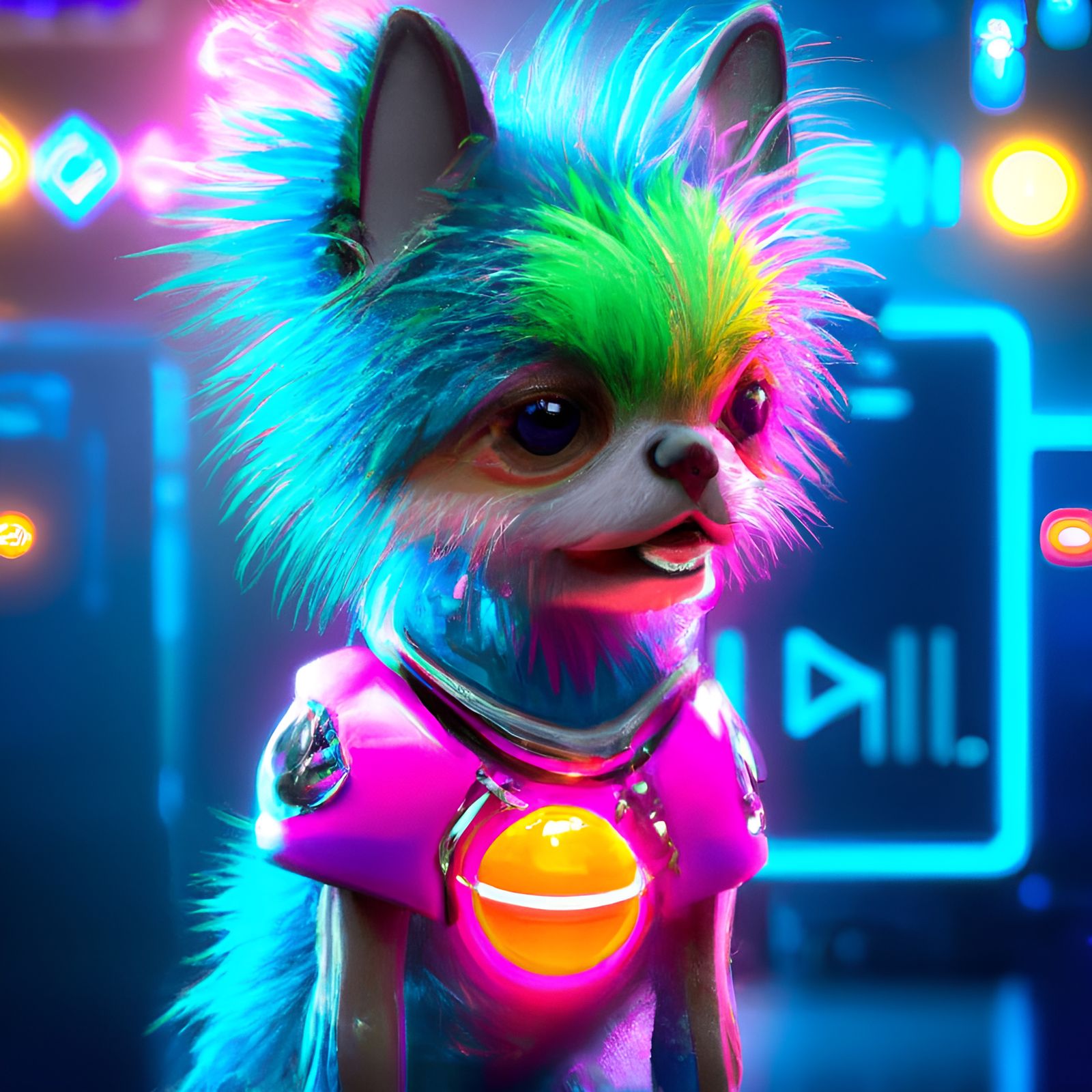Neon Punk Dog in Video Game Arcade